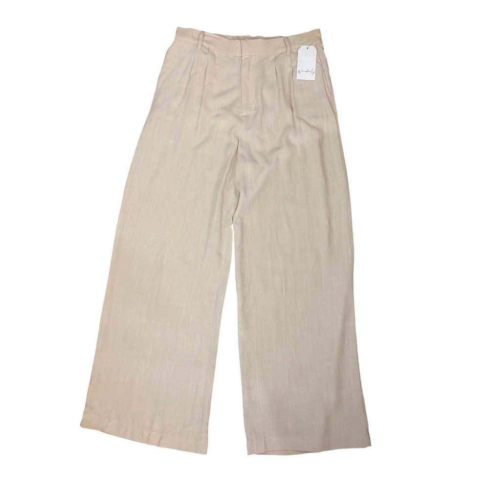 NWT Wonderly Womens Wide Leg Pleated Trousers Tan High Rise Pants Large